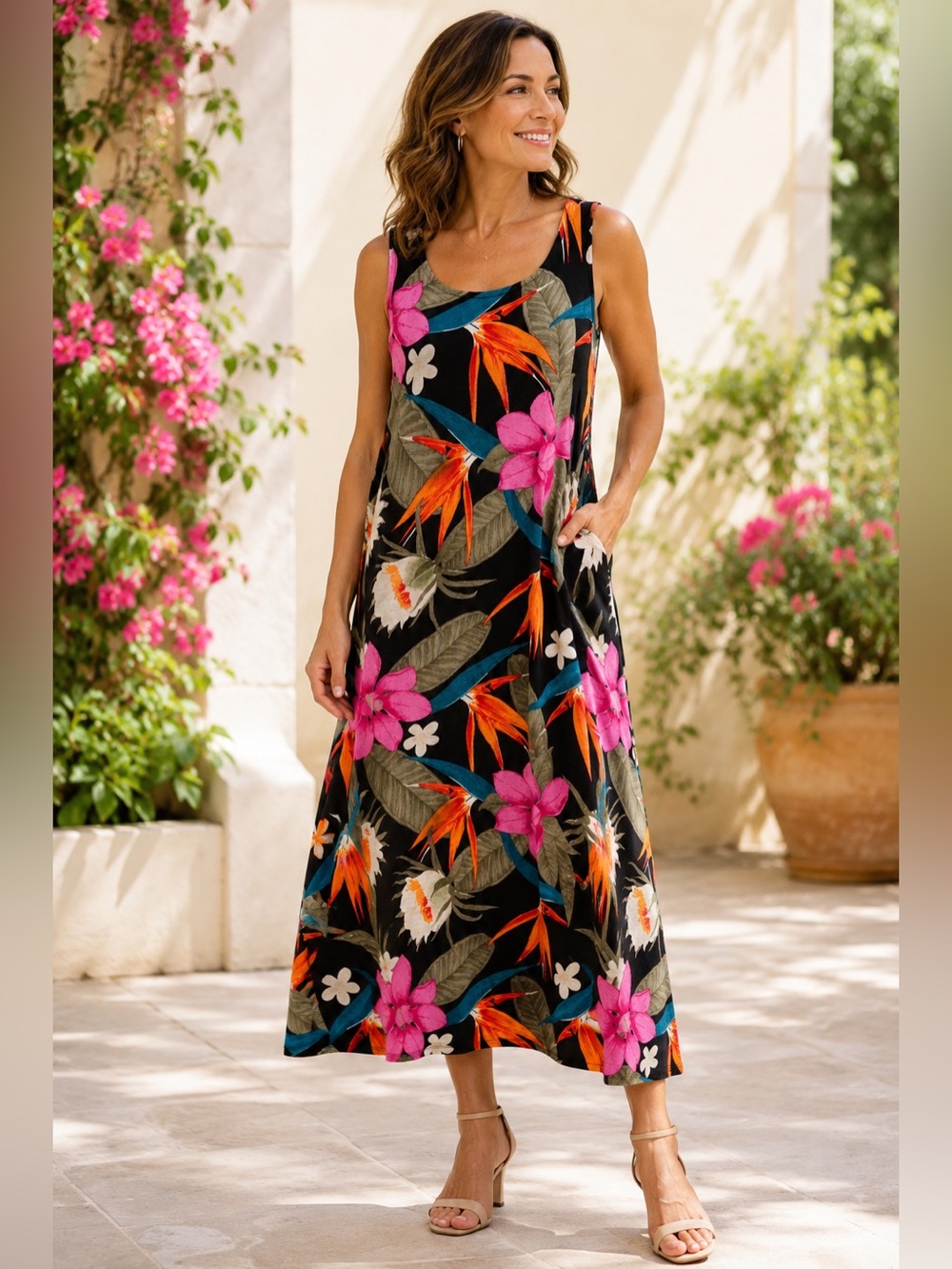 George Tropical Floral Sleeveless Midi Dress Black Pink Orange | Size Large